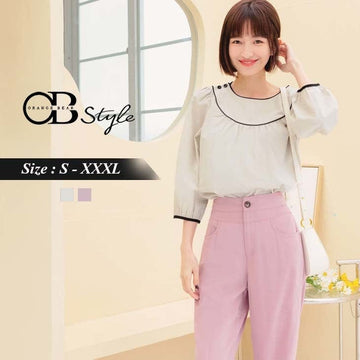 ROUND NECK COTTON 3/4 SLEEVE PUFF SLEEVE TOPS