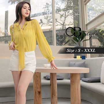 TRANSPARENT LONG SLEEVE CHIFFON BOWKNOT TOPS