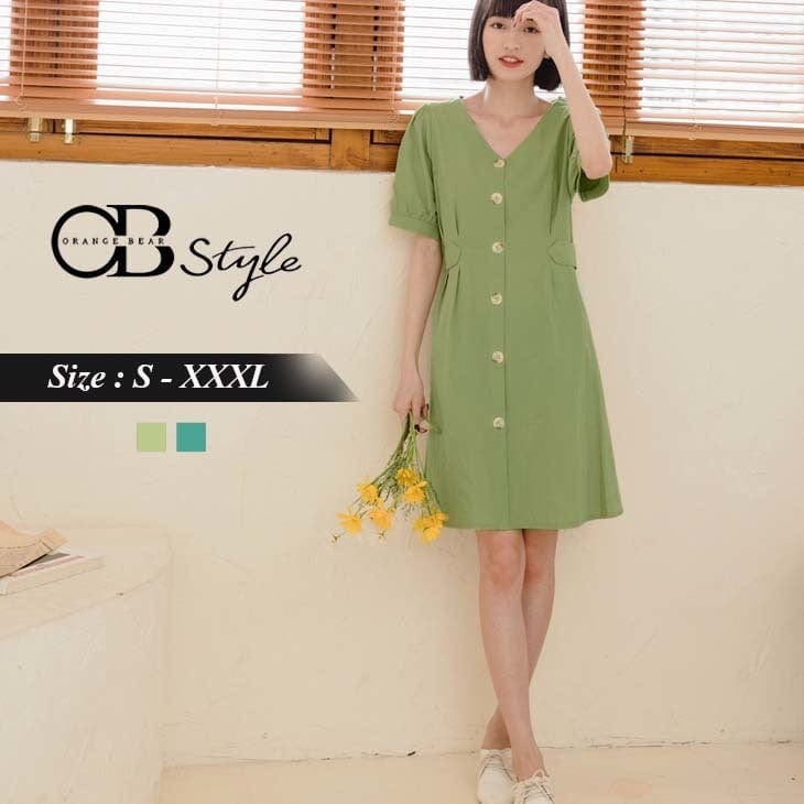 ELASTIC WAIST V-NECK SHORT SLEEVE COTTON DRESS