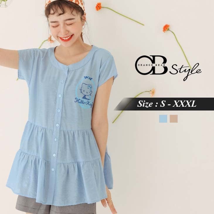 KITTY PRINTED TRANSPARENT SHORT SLEEVE RUFFLE TOPS