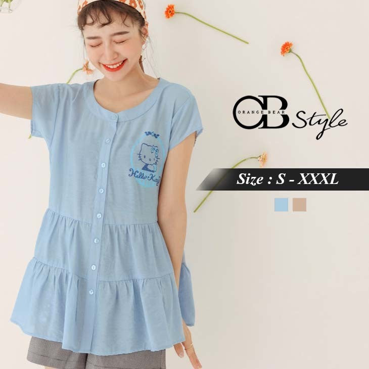 (TW STOCK) OB STYLE | KITTY PRINTED TRANSPARENT SHORT SLEEVE RUFFLE TOPS | 2 COLOR | S-XXXL SIZE | PLUS SIZE