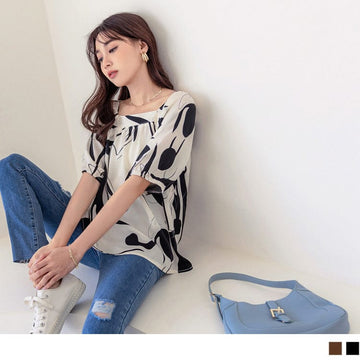 SQUARE NECK ASYMMETRICAL PRINTED COTTON TOPS