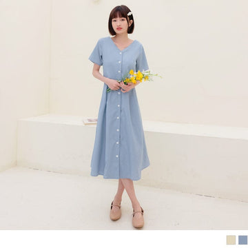 SHORT SLEEVE V-NECK BUTTON DOWN MIDI DRESS