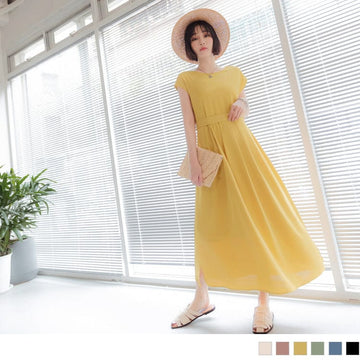 SHORT SLEEVE BOAT NECK DRASTRING WAIST DRESS