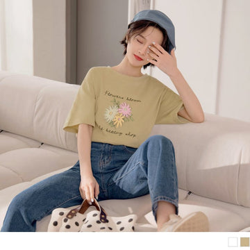 SHORT SLEEVE ROUND NECK FLOWER BLOOM PRINTED TOPS