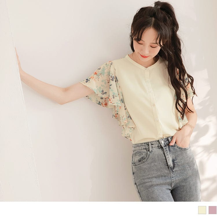 FLORAL RUFFLE SLEEVE BUTTON TOPS