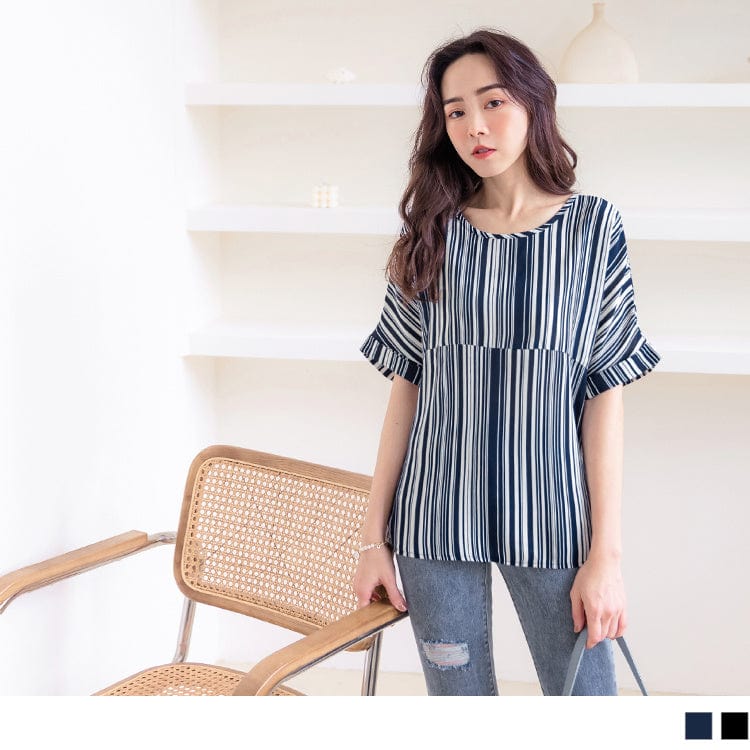 SHORT SLEEVE ROUND NECK STRIPED LOOSE FITS TOPS