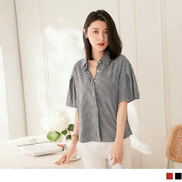 SHORT SLEEVE COLLARED CHECKERED SHIRTS TOPS