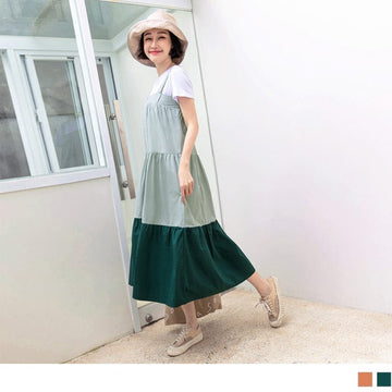 COTTON PATCHED A-LINE SPAGHETTI STRAP MAXI DRESS