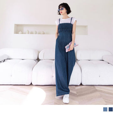 HIGH WAIST COTTON SPAGHETTI STRAP DUNGAREE PANTS