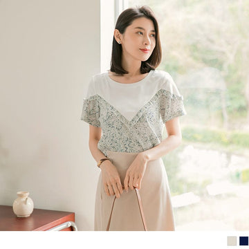 CHIFFON PATCHED V-NECK PRINTED RUFFLE TOPS