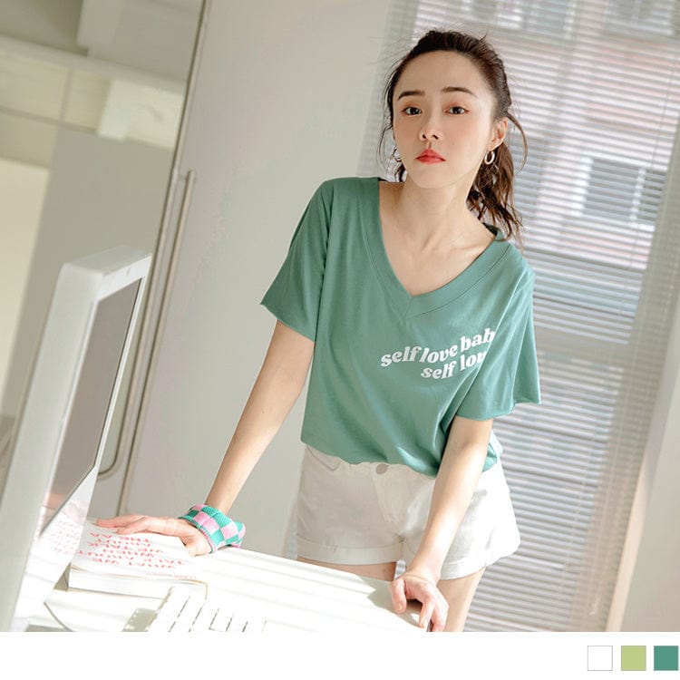 V-NECK LETTER PRINTED SHORT SLEEVE COTTON TOPS