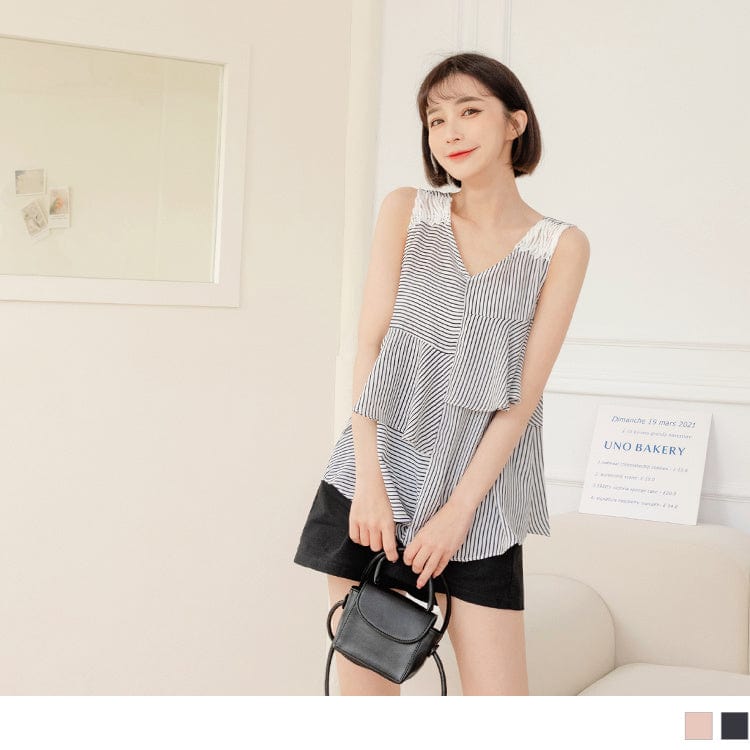 V-NECK STRIPED LACE PATCHED CHIFFON SLEEVELESS TOPS