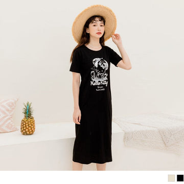 KITTY PRINTED DROP SHOULDER SHORT SLEEVE DRESS