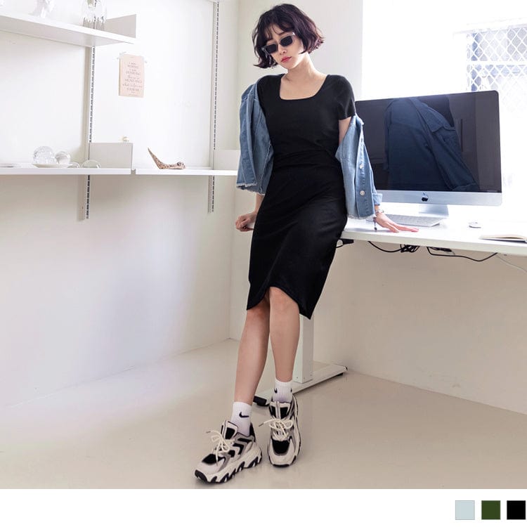 U-NECK SHORT SLEEVE RIB MINI DRESS
