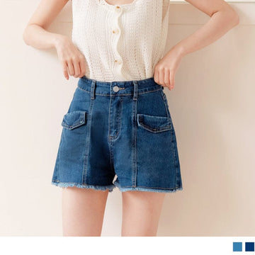 HIGH WAIST WASHED DENIM SHORTS PANTS