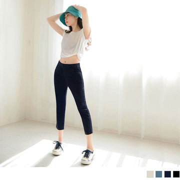 PURE COLOR ELASTIC WAIST SKINNY 3/4 PANTS