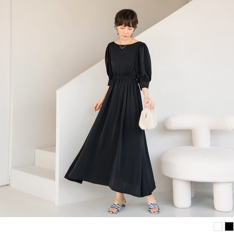 ROUND NECK A-LINE ELASTIC WAIST MAXI DRESS