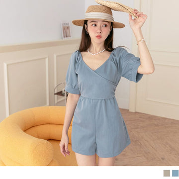 V-NECK HIGH WAIST SHORT SLEEVE ROMPERS