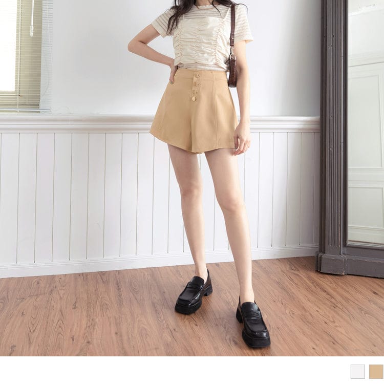 HIGH WAIST BUTTONS A-LINE SLIM SHORTS