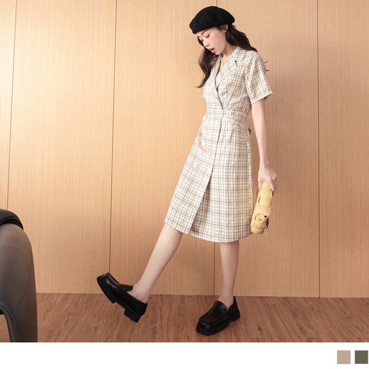 V-NECK CHECKED BUTTONS SUIT COLLAR MIDI DRESS