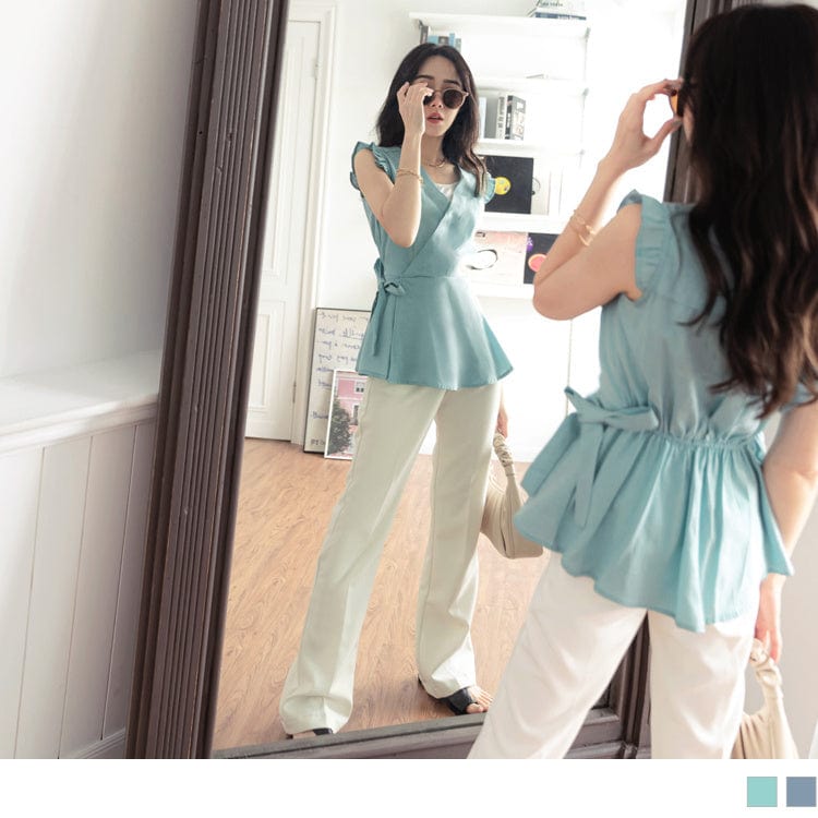 V-NECK ELASTIC WAIST A-LINE RUFFLES TOPS