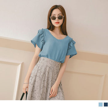 ROUND NECK RUFFLE SLEEVE DENIM TOPS