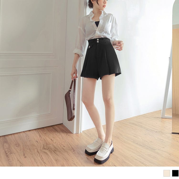 HIGH WAIST BUTTONS PLEAT A-LINE SLIM SHORTS