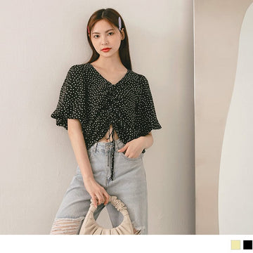 POLKA DOTS PUFF SLEEVE CHIFFON CROP TOPS