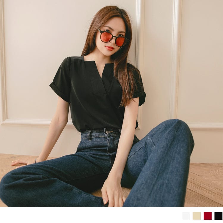 MULTI COLOR V-NECK TUNIC SHORT SLEEVE TOPS