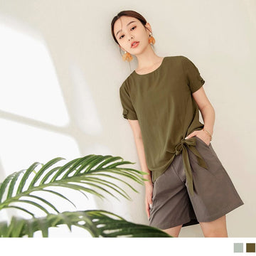 ROUND NECK SHORT SLEEVE BOWKNOT HEM TOPS