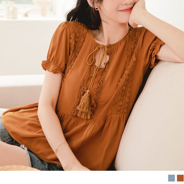 LACE PATCHED TASSEL PUFF SLEEVE A-LINE TOPS