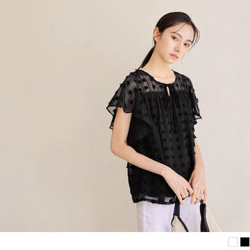 POLKA DOTS ROUND NECK RUFFLE SLEEVE CHIFFON TOPS