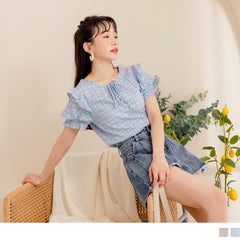 (TW STOCK) OB STYLE | ROUND NECK CHECKED RUFFLE SLEEVE BOWKNOT TOPS | 2 COLOR | S-XXXL SIZE | PLUS SIZE