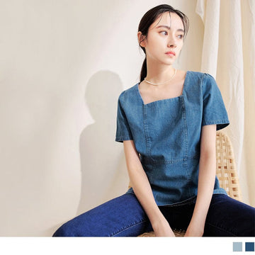 SQUARE NECK COTTON DENIM SHORT SLEEVE TOPS