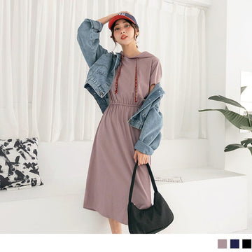 ELASTIC WAIST CONTRAST COLOR A-LINE HOODED DRESS