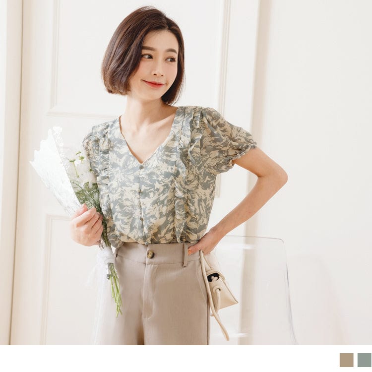 V-NECK PRINTED RUFFLE CUFF PUFF SLEEVE TOPS