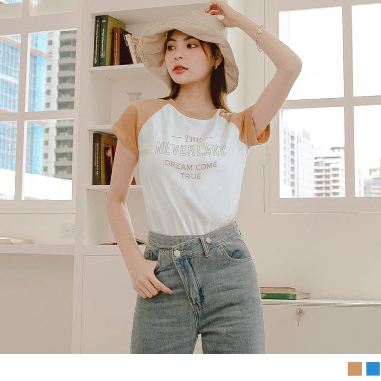ENGLISH PRINTED CONTRAST COLOR SHORT SLEEVE TOPS