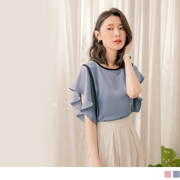 ELEGANT ROUND NECK CHIFFON RUFFLE SLEEVE TOPS