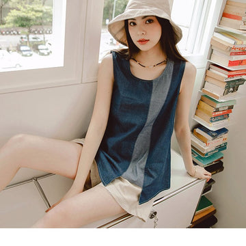 DENIM PATCHED ASYMMETRICAL HEM SLEEVELESS TOPS