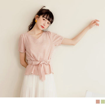 V-NECK STRIPED PUFF SLEEVE A-LINE TOPS WITH BELT