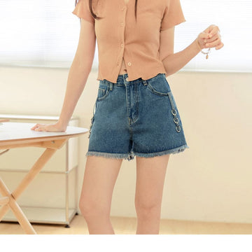 COTTON HIGH WAIST FRAYED HEM A-LINE DENIM SHORTS