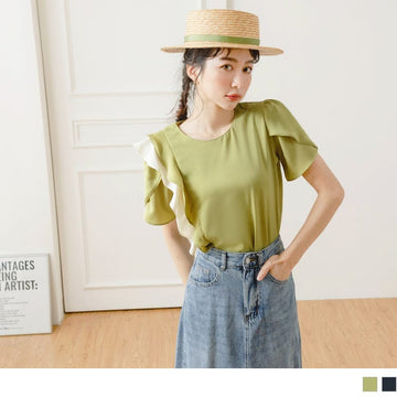 CONTRAST COLOR PATCHED RUFFLE SLEEVE CHIFFON TOPS