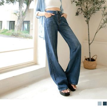 HIGH WAIST BUTTON COTTON DENIM WIDE LEG PANTS