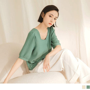 SQUARE NECK PUFF SLEEVE CROP BOWKNOT TOPS