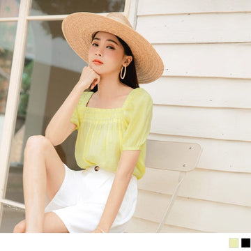 PURE COLOR SQUARE NECK PUFF SLEEVE A-LINE TOPS