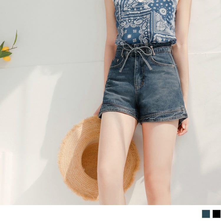 COTTON BELT WAIST BRUSHED DENIM SHORTS