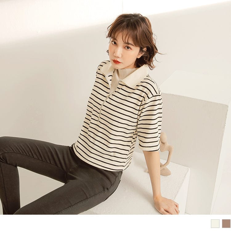CONTRAST COLOR STRIPED SHORT SLEEVE TOPS
