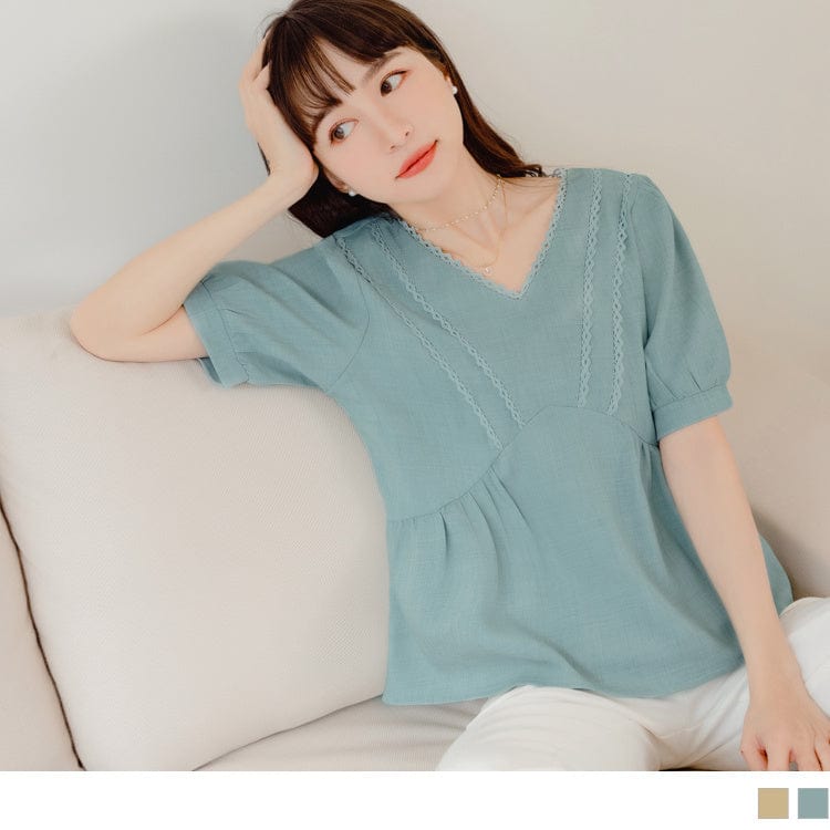 V-NECK LACE PUFF SLEEVE SHORT SLEEVE A-LINE TOPS