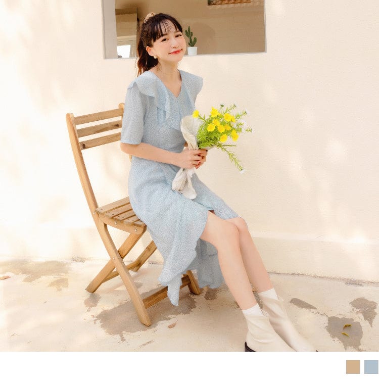 RUFFLE COLLAR V-NECK FISH TAIL PRINTED MAXI DRESS